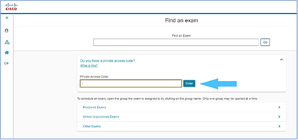 Screen shot of select exam page pointing to the field to enter the private access code